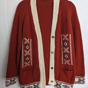 Burnt Orange Knit Cardigan with Leaf Motifs
